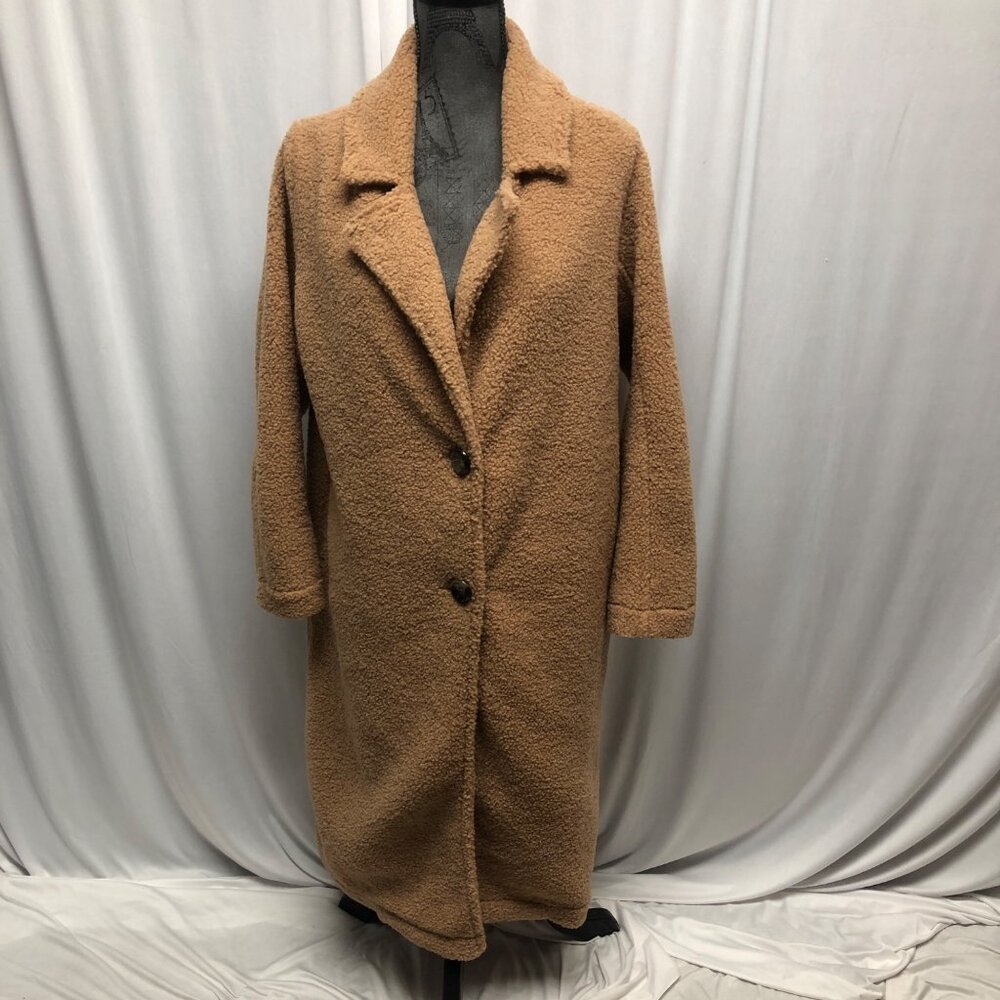 She and Sky Faux Fur Teddy Coat Womens Size Medium Camel Longline Two Button
